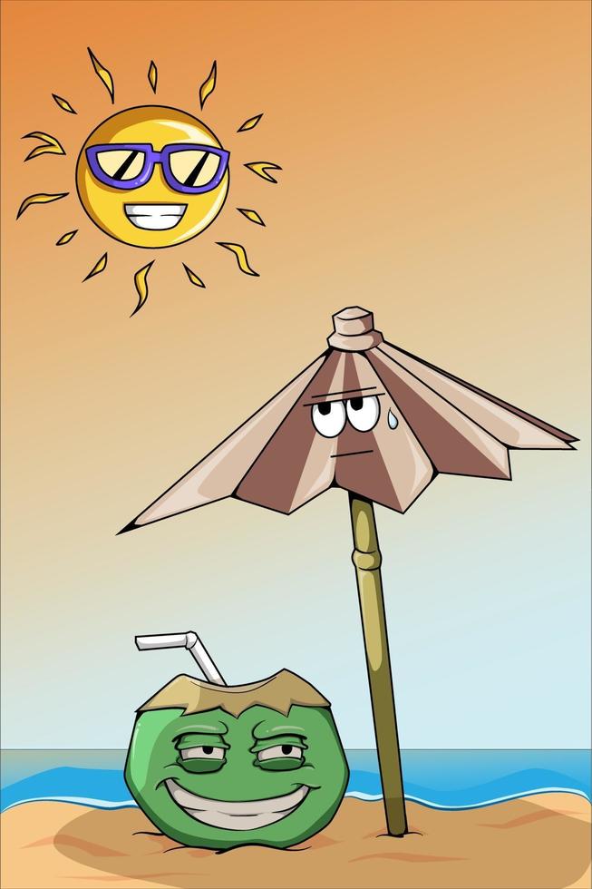 noix de coco fraîche en illustration de dessin animé d'été chaud vecteur
