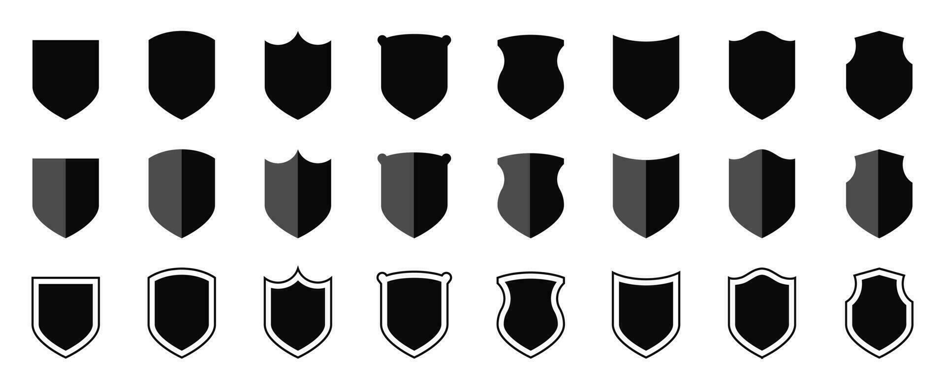 ensemble de Boucliers silhouettes, autocollants, cadres, protection Des marques, emblèmes, la défense panneaux et symboles dans différent formes isolé sur blanche. vecteur