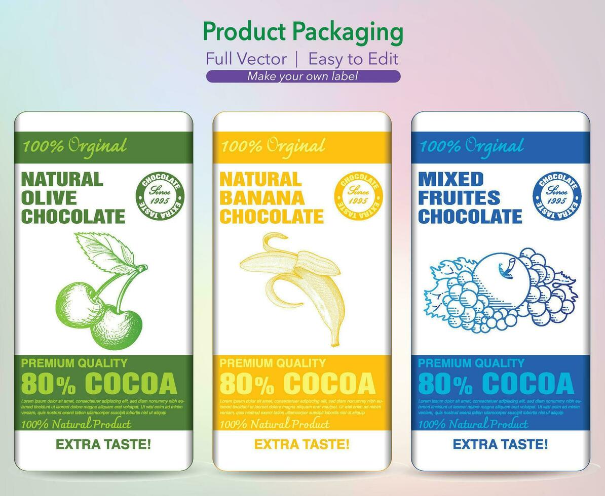 Chocolat emballage, Chocolat étiqueter, olive paquet, choco banane paquet, mixte saveur chocolat, gratuit vecteur emballage, goût chocolat, chocolat bar, coco bar vecteur