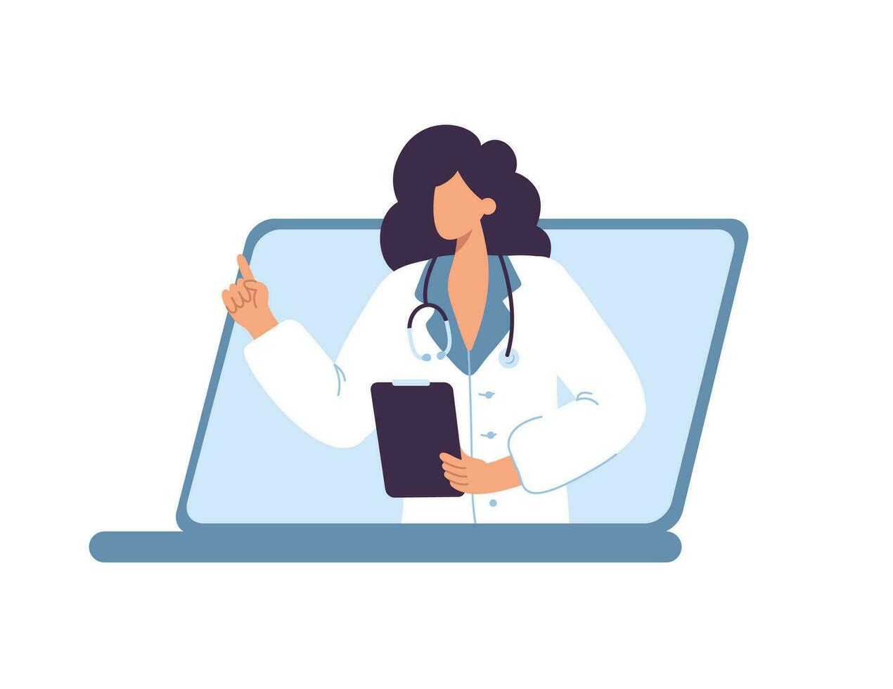 femelle personnage médecin en ligne dans ordinateur portable, visite médecin en utilisant en ligne La technologie avec patient des dossiers, prescrire médicaments. dessin animé gens plat vecteur illustration