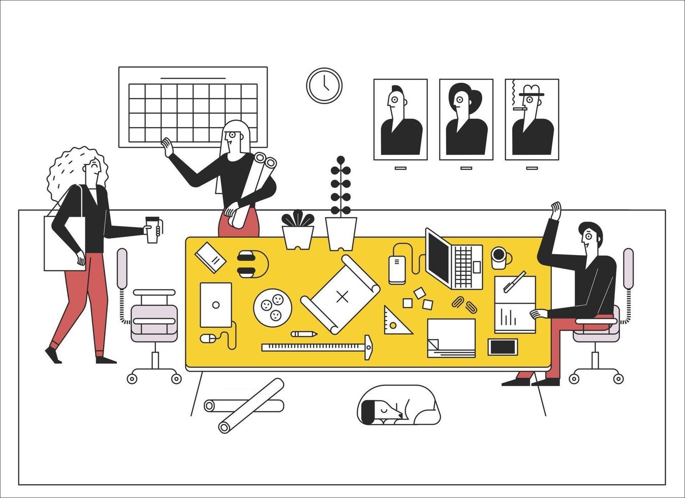 les collègues du bureau disent bonjour. intérieur de bureau dans un intérieur complexe. illustrations de conception vectorielle. vecteur