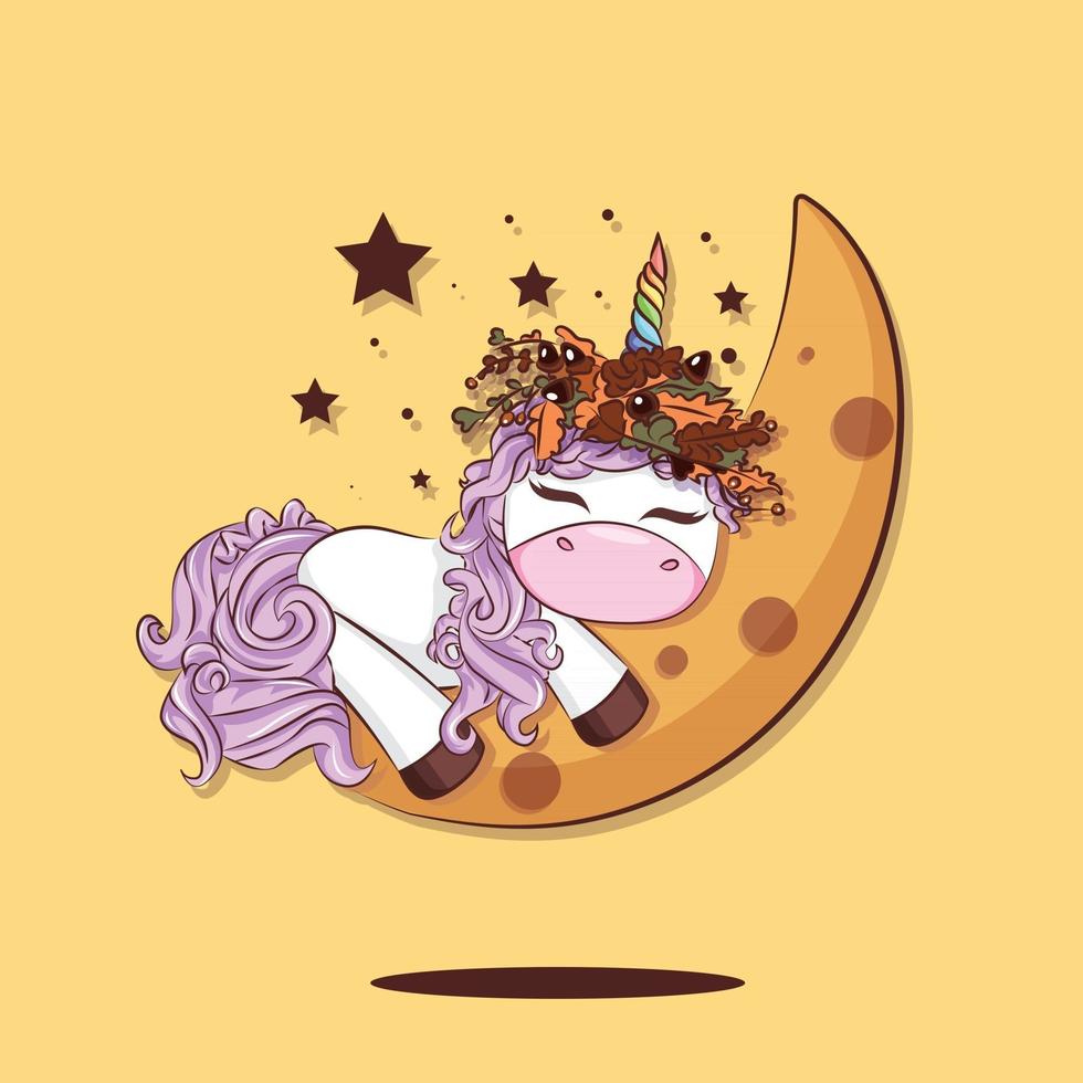 Licorne de dessin animé mignon dormant sur la lune avec une couronne d'automne vecteur