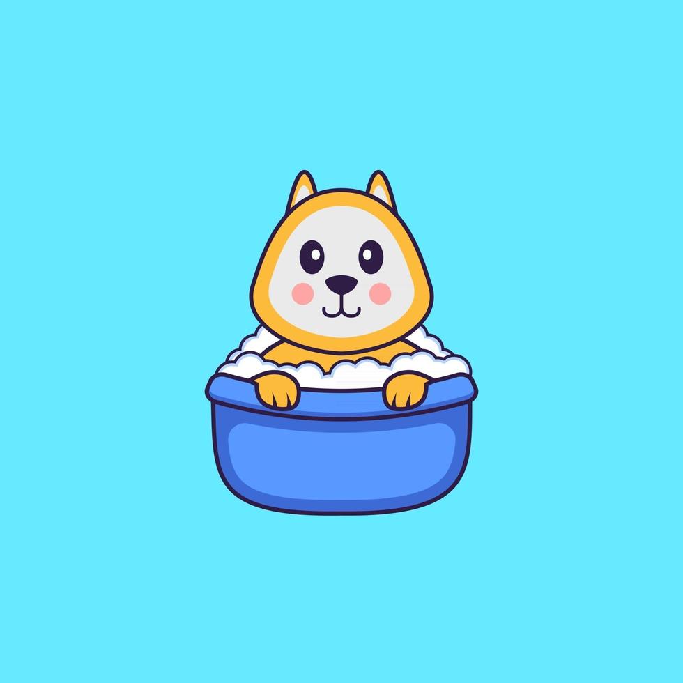 chien mignon prenant un bain dans la baignoire. concept de dessin animé animal isolé. peut être utilisé pour un t-shirt, une carte de voeux, une carte d'invitation ou une mascotte. style cartoon plat vecteur