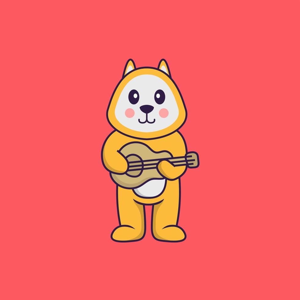 chien mignon jouant de la guitare. concept de dessin animé animal isolé. peut être utilisé pour un t-shirt, une carte de voeux, une carte d'invitation ou une mascotte. style cartoon plat vecteur