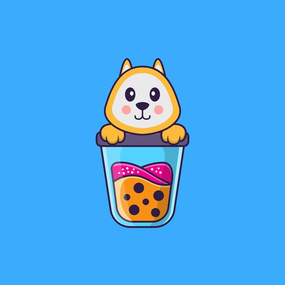 chien mignon buvant du thé au lait boba. concept de dessin animé animal isolé. peut être utilisé pour un t-shirt, une carte de voeux, une carte d'invitation ou une mascotte. style cartoon plat vecteur