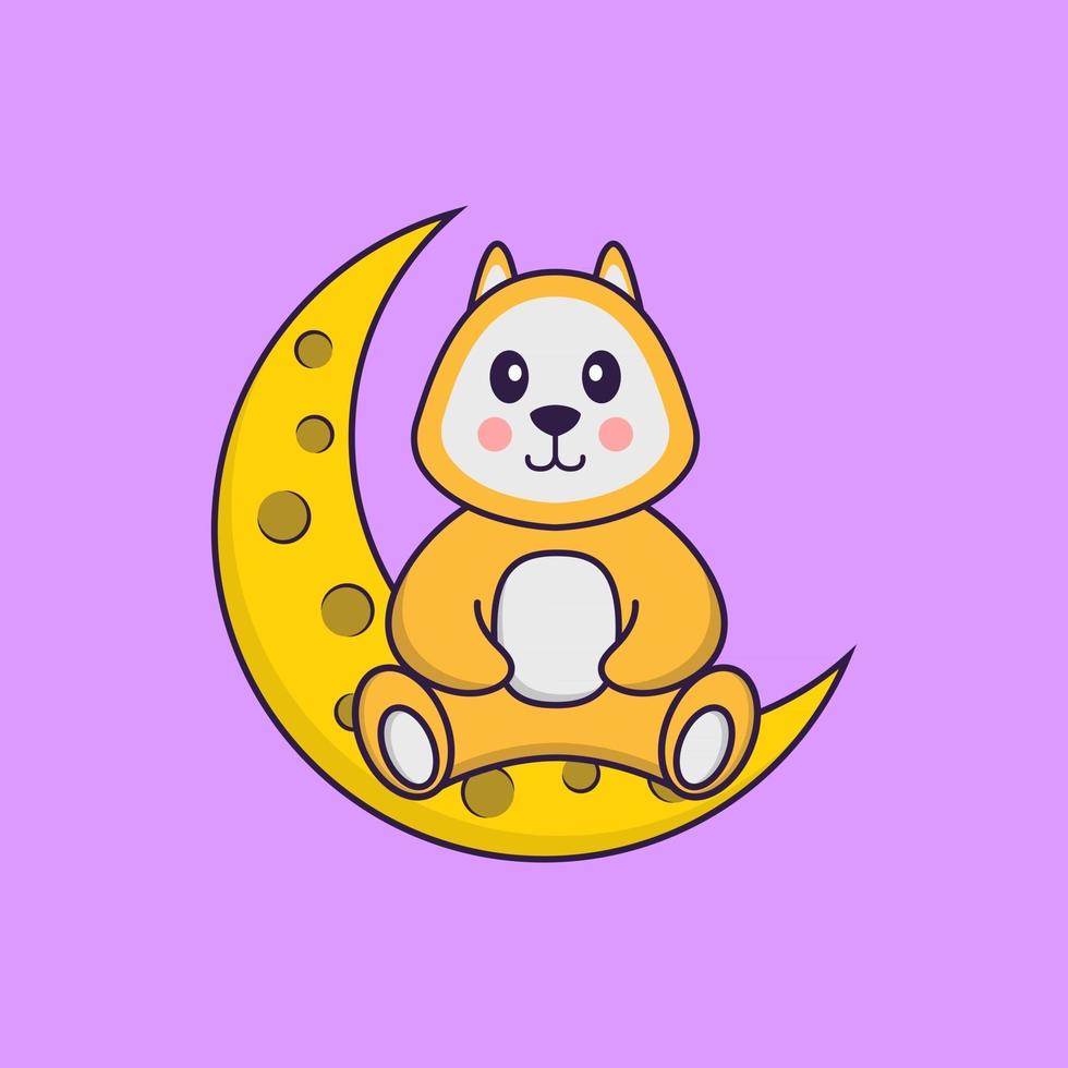 chien mignon est assis sur la lune. concept de dessin animé animal isolé. peut être utilisé pour un t-shirt, une carte de voeux, une carte d'invitation ou une mascotte. style cartoon plat vecteur