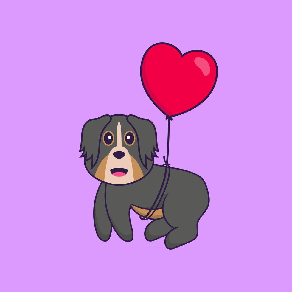 chien mignon volant avec des ballons en forme d'amour. concept de dessin animé animal isolé. peut être utilisé pour un t-shirt, une carte de voeux, une carte d'invitation ou une mascotte. style cartoon plat vecteur