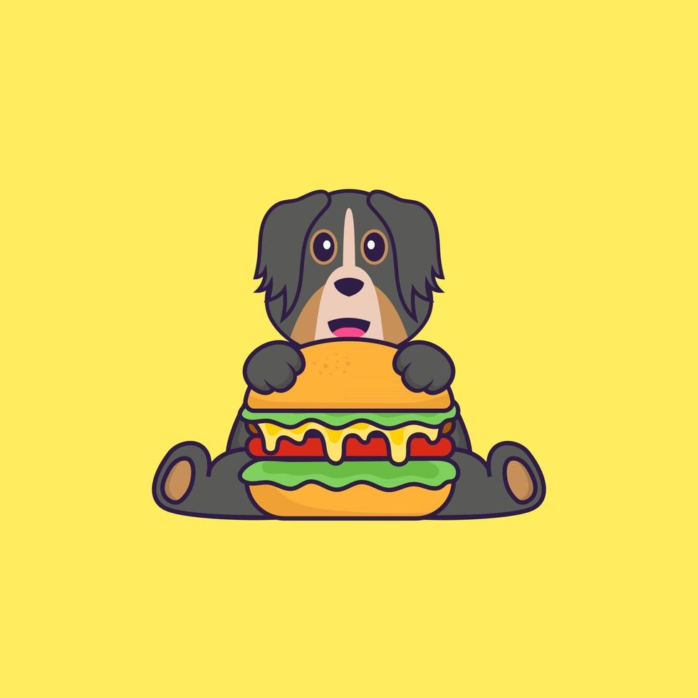 chien mignon mangeant un hamburger. concept de dessin animé animal isolé. peut être utilisé pour un t-shirt, une carte de voeux, une carte d'invitation ou une mascotte. style cartoon plat vecteur