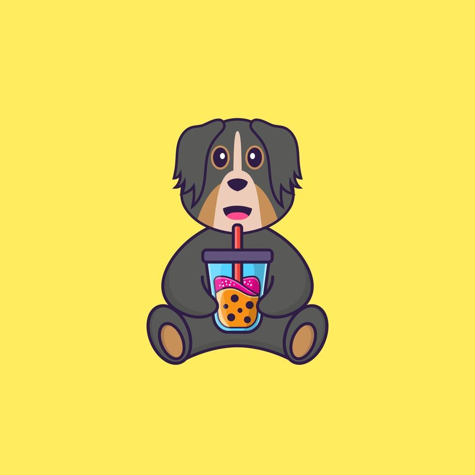 chien mignon buvant du thé au lait boba. concept de dessin animé animal isolé. peut être utilisé pour un t-shirt, une carte de voeux, une carte d'invitation ou une mascotte. style cartoon plat vecteur