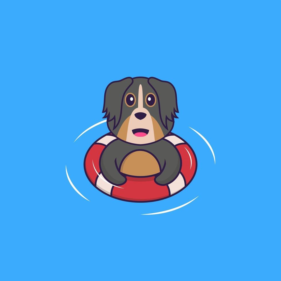 chien mignon nage avec une bouée. concept de dessin animé animal isolé. peut être utilisé pour un t-shirt, une carte de voeux, une carte d'invitation ou une mascotte. style cartoon plat vecteur