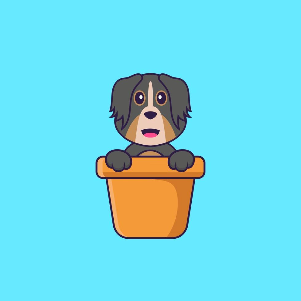 chien mignon dans un vase à fleurs. concept de dessin animé animal isolé. peut être utilisé pour un t-shirt, une carte de voeux, une carte d'invitation ou une mascotte. style cartoon plat vecteur