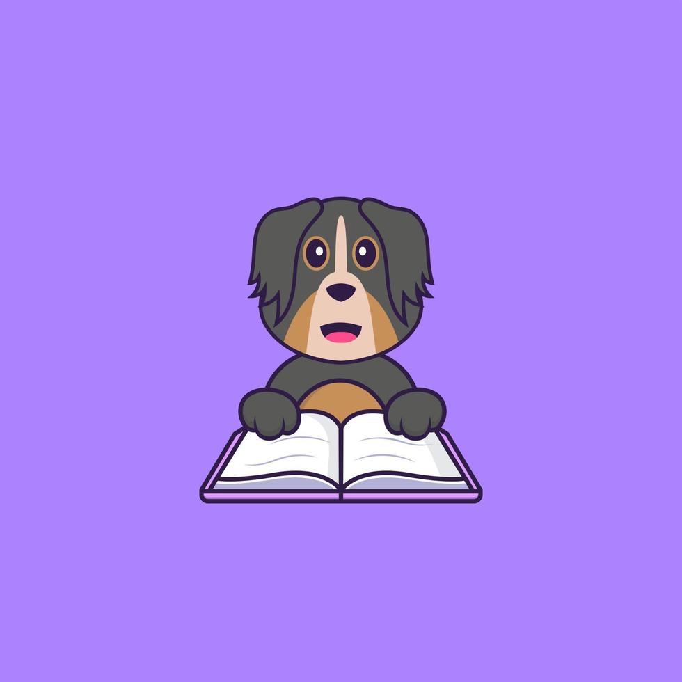 chien mignon lisant un livre. concept de dessin animé animal isolé. peut être utilisé pour un t-shirt, une carte de voeux, une carte d'invitation ou une mascotte. style cartoon plat vecteur