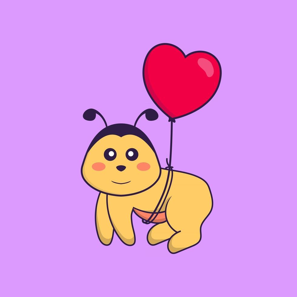 abeille mignonne volant avec des ballons en forme d'amour. concept de dessin animé animal isolé. peut être utilisé pour un t-shirt, une carte de voeux, une carte d'invitation ou une mascotte. style cartoon plat vecteur