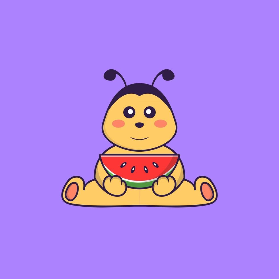 abeille mignonne mangeant de la pastèque. concept de dessin animé animal isolé. peut être utilisé pour un t-shirt, une carte de voeux, une carte d'invitation ou une mascotte. style cartoon plat vecteur