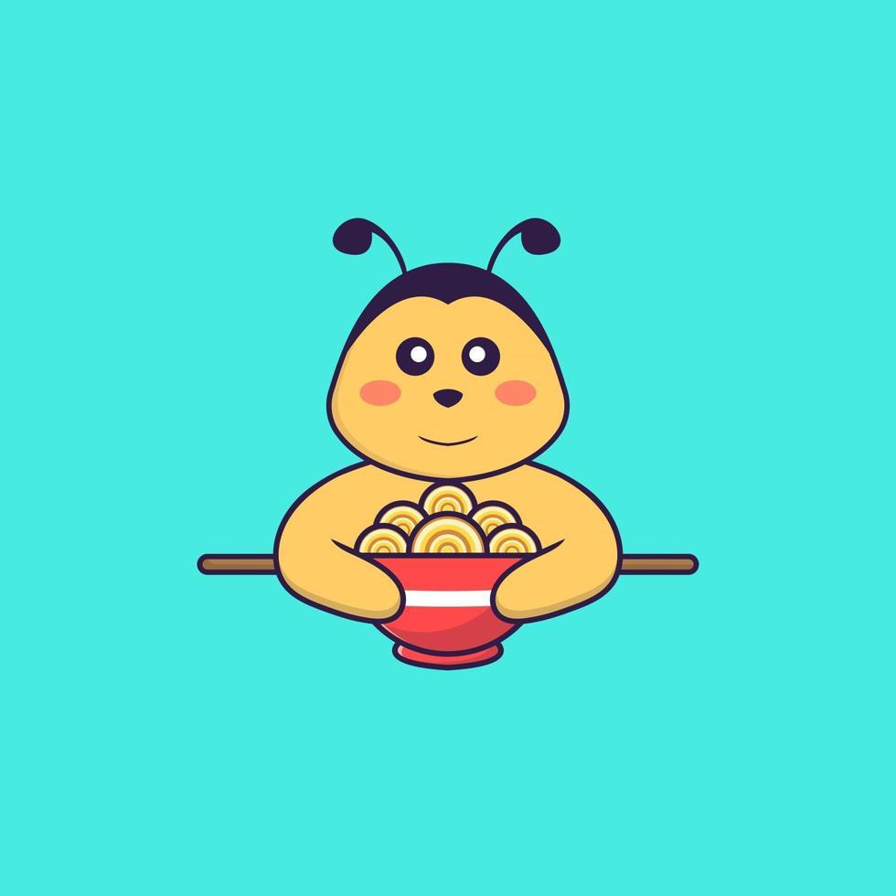 abeille mignonne mangeant des nouilles ramen. concept de dessin animé animal isolé. peut être utilisé pour un t-shirt, une carte de voeux, une carte d'invitation ou une mascotte. style cartoon plat vecteur