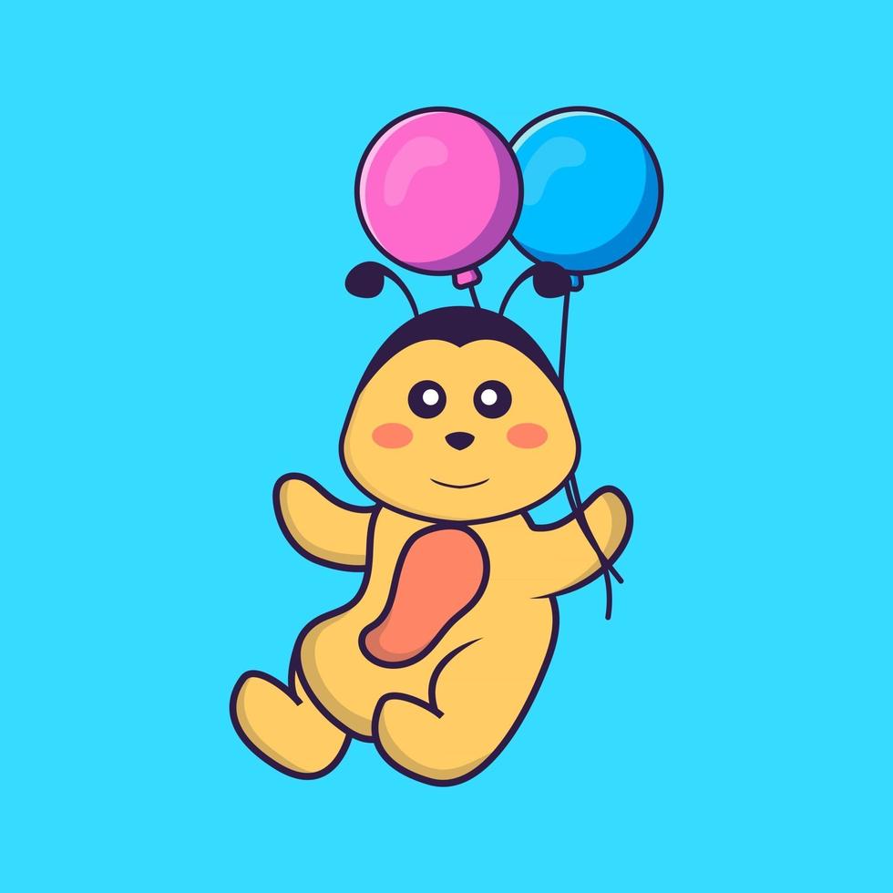 abeille mignonne volant avec deux ballons. concept de dessin animé animal isolé. peut être utilisé pour un t-shirt, une carte de voeux, une carte d'invitation ou une mascotte. style cartoon plat vecteur