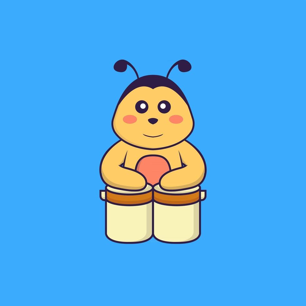 l'abeille mignonne joue de la batterie. concept de dessin animé animal isolé. peut être utilisé pour un t-shirt, une carte de voeux, une carte d'invitation ou une mascotte. style cartoon plat vecteur