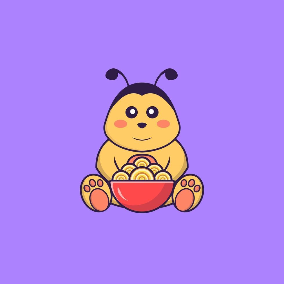 abeille mignonne mangeant des nouilles ramen. concept de dessin animé animal isolé. peut être utilisé pour un t-shirt, une carte de voeux, une carte d'invitation ou une mascotte. style cartoon plat vecteur