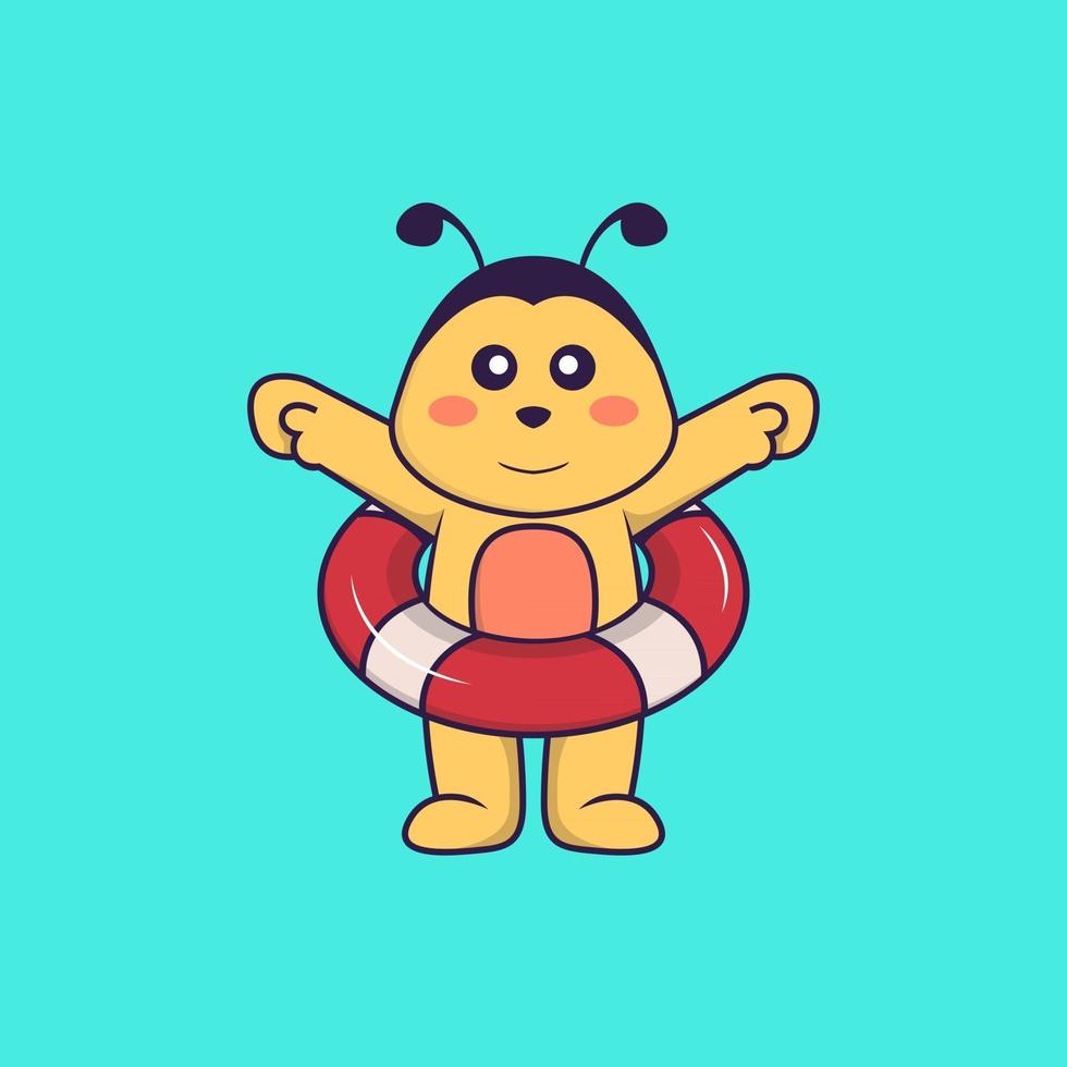 abeille mignonne utilisant un flotteur. concept de dessin animé animal isolé. peut être utilisé pour un t-shirt, une carte de voeux, une carte d'invitation ou une mascotte. style cartoon plat vecteur