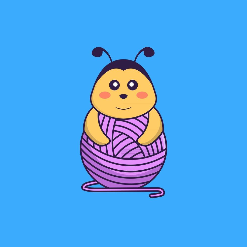 abeille mignonne jouant avec du fil de laine. concept de dessin animé animal isolé. peut être utilisé pour un t-shirt, une carte de voeux, une carte d'invitation ou une mascotte. style cartoon plat vecteur