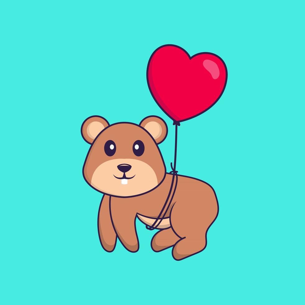 écureuil mignon volant avec des ballons en forme d'amour. concept de dessin animé animal isolé. peut être utilisé pour un t-shirt, une carte de voeux, une carte d'invitation ou une mascotte. style cartoon plat vecteur