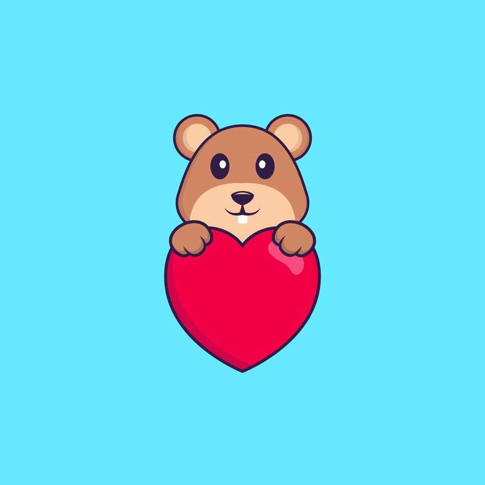 écureuil mignon tenant un gros coeur rouge. concept de dessin animé animal isolé. peut être utilisé pour un t-shirt, une carte de voeux, une carte d'invitation ou une mascotte. style cartoon plat vecteur