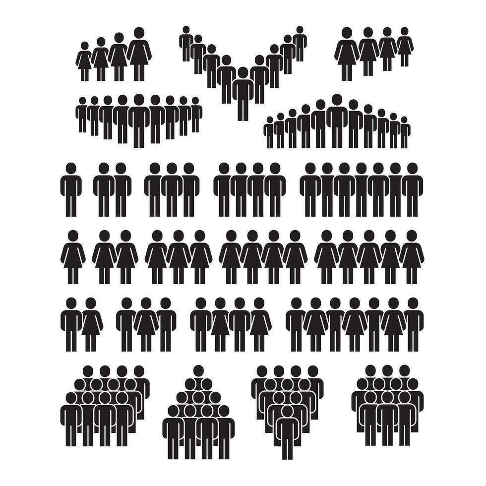 gens Icônes. homme et femme groupe social pictogrammes, Humain foule silhouette symboles. affaires équipe Facile noir infographie panneaux isolé ensemble vecteur