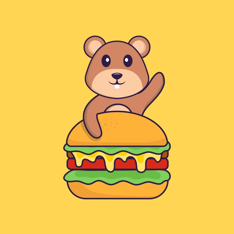 écureuil mignon mangeant un hamburger. concept de dessin animé animal isolé. peut être utilisé pour un t-shirt, une carte de voeux, une carte d'invitation ou une mascotte. style cartoon plat vecteur