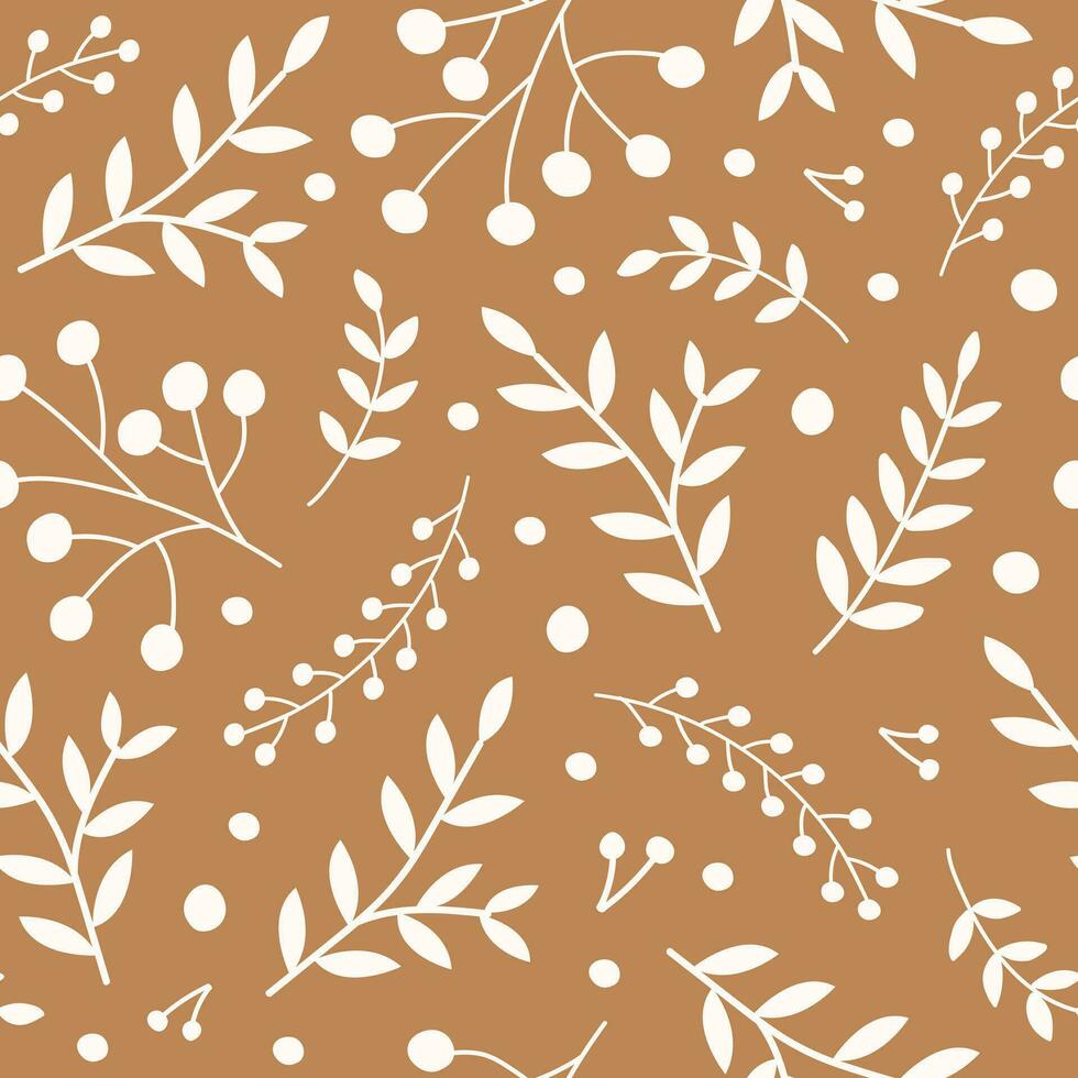 monochrome sans couture modèle avec blanc branches sorbier des oiseleurs baies et feuilles sur une marron Contexte. saisonnier conception pour textile, impressions, emballage papier. vecteur illustration