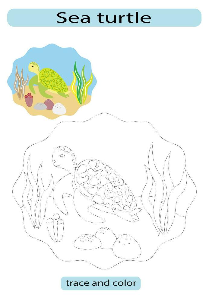 enfants feuille de travail coloration et tracé tortue à le bas de le océan vecteur eps10