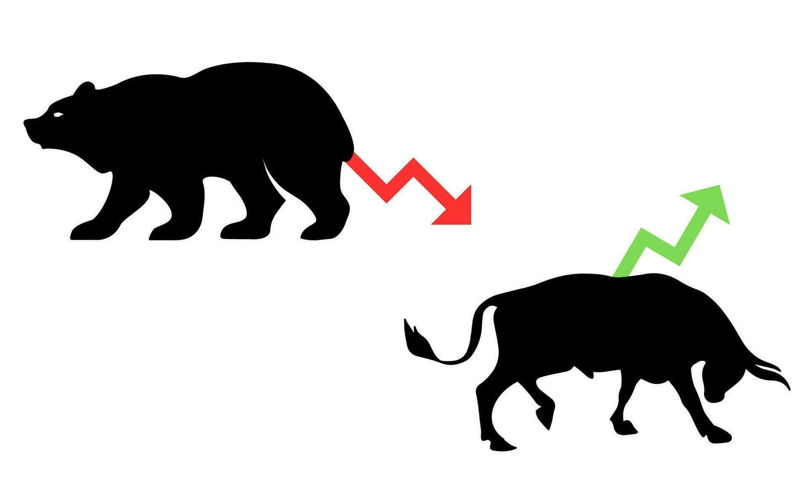 taureau et ours marché tendance dans crypto devise ou actions. Commerce échange, vert en haut ou rouge vers le bas flèches graphique. crypto-monnaie prix graphique vecteur. vecteur
