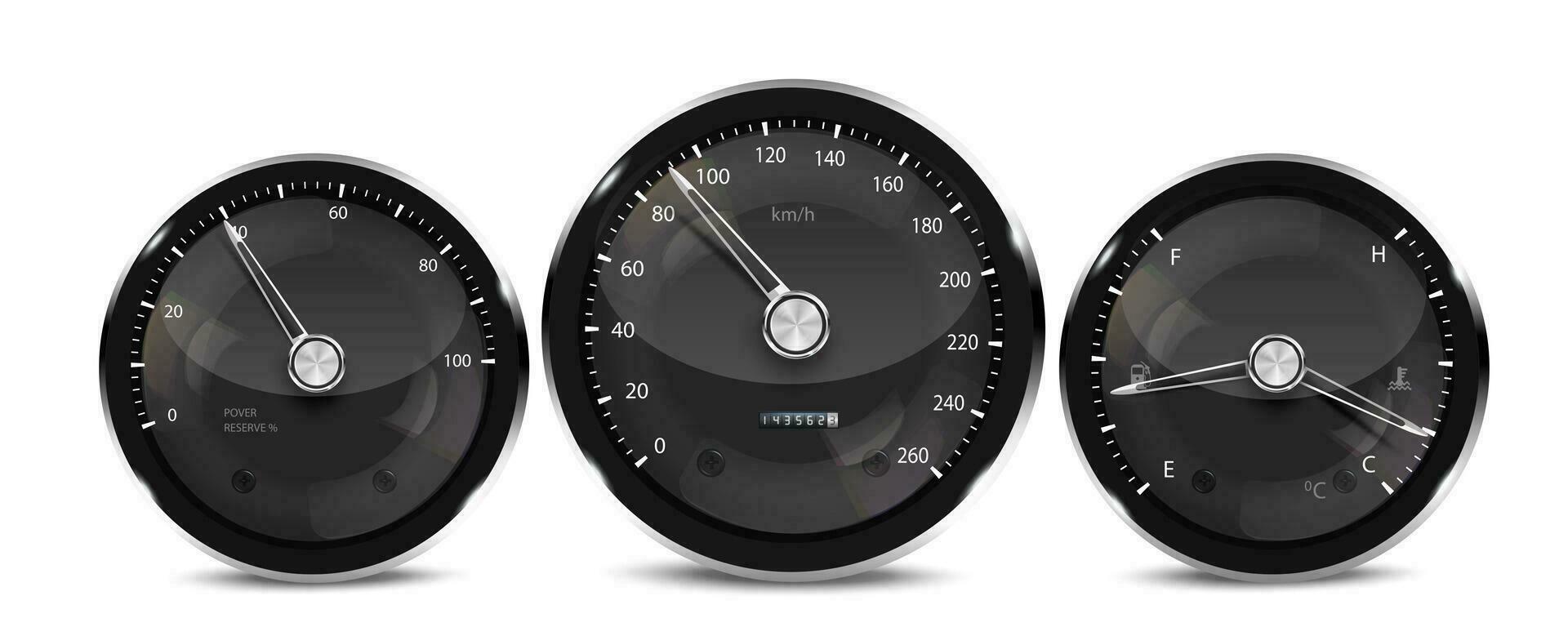 compteur de vitesse de tableau de bord de voiture, tachymètre, indicateurs LED numériques pour la température du carburant et du moteur. éléments vectoriels réalistes du groupe d'instruments du tableau de bord de la voiture. vecteur