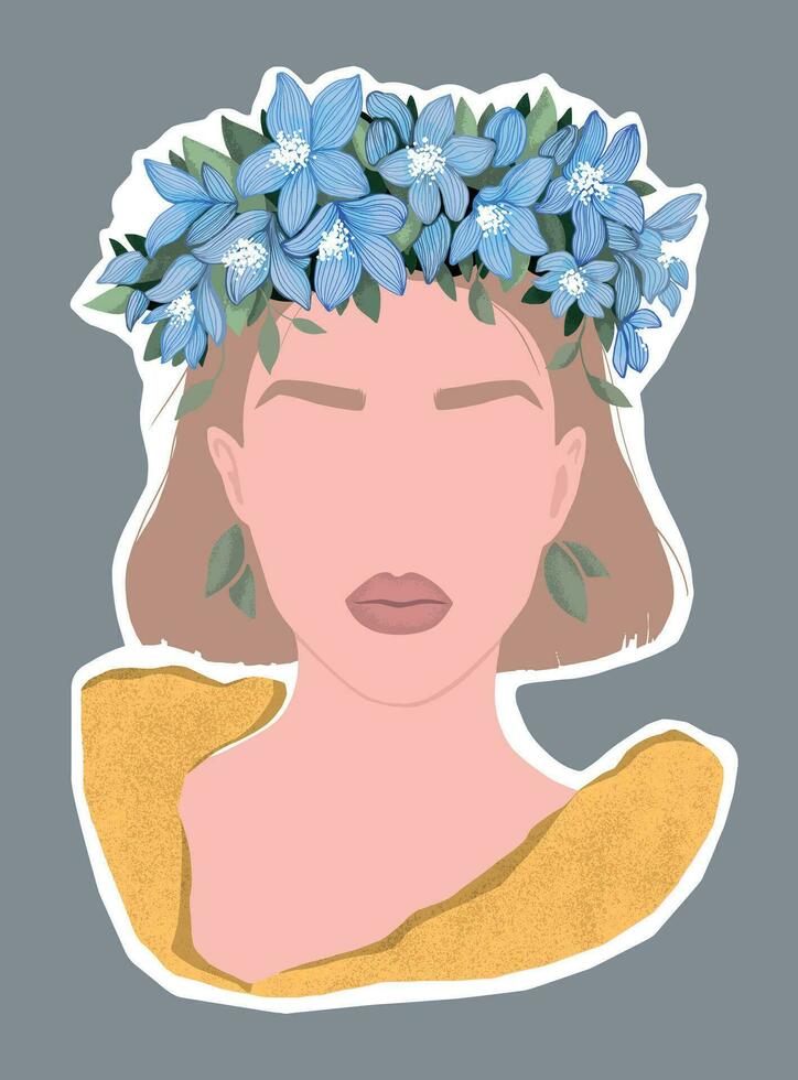 autocollant avec une blond femme dans une couronne de bleu fleurs dans une Jaune chemisier. plat moderne illustration vecteur