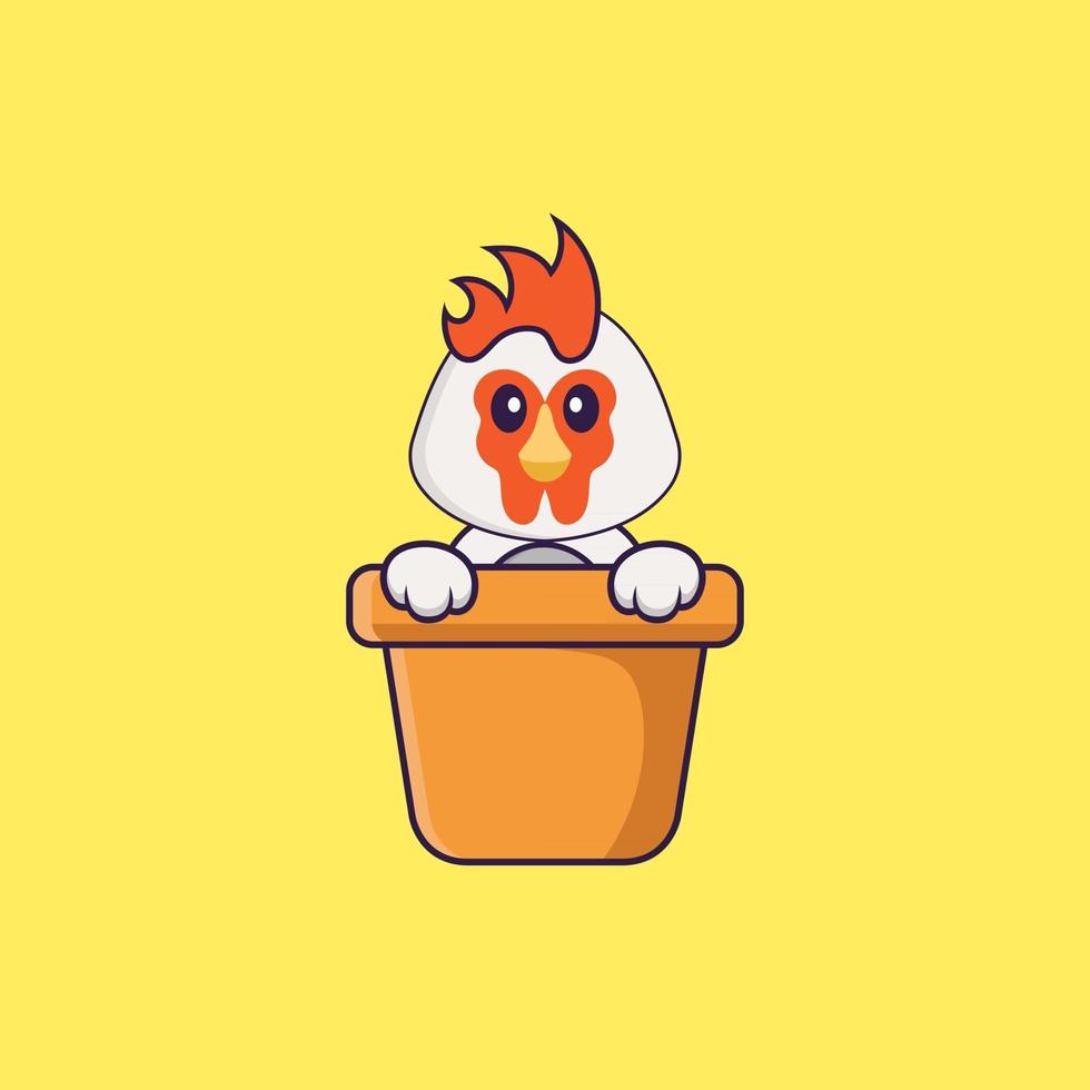 poulet mignon dans un vase à fleurs. concept de dessin animé animal isolé. peut être utilisé pour un t-shirt, une carte de voeux, une carte d'invitation ou une mascotte. style cartoon plat vecteur