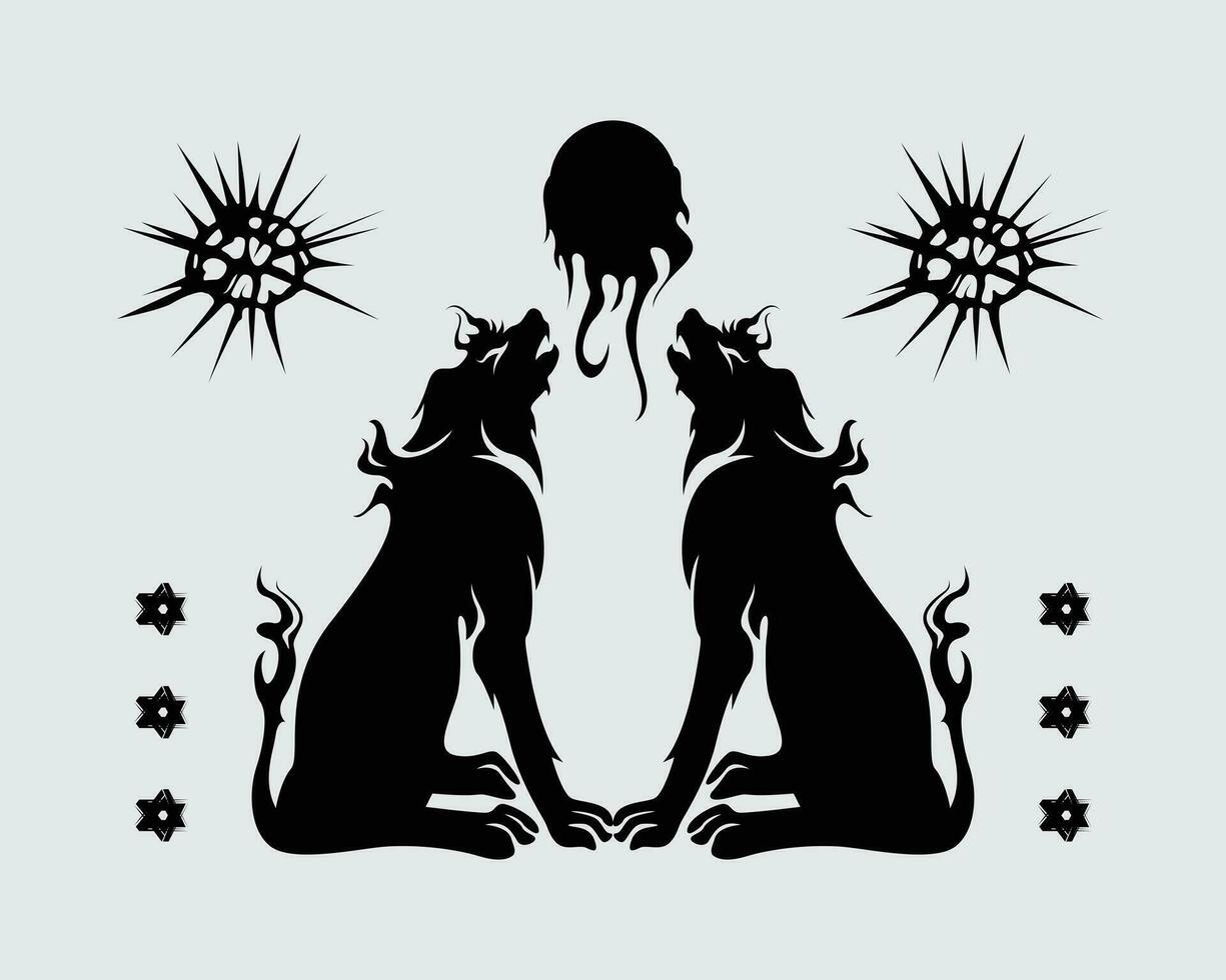 deux noir Loup silhouette illustration vecteur agrafe art, éclipse lune, Renard, t chemise conception, furtif modifiable