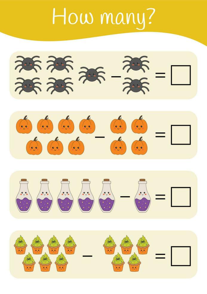 Halloween imprimable éducatif math feuille de travail. soustraction, compte Activités pour enfants. math Activités pour enfants d'âge préscolaire Jardin d'enfants. apprentissage mathématique pages. Halloween prof ressources. vecteur