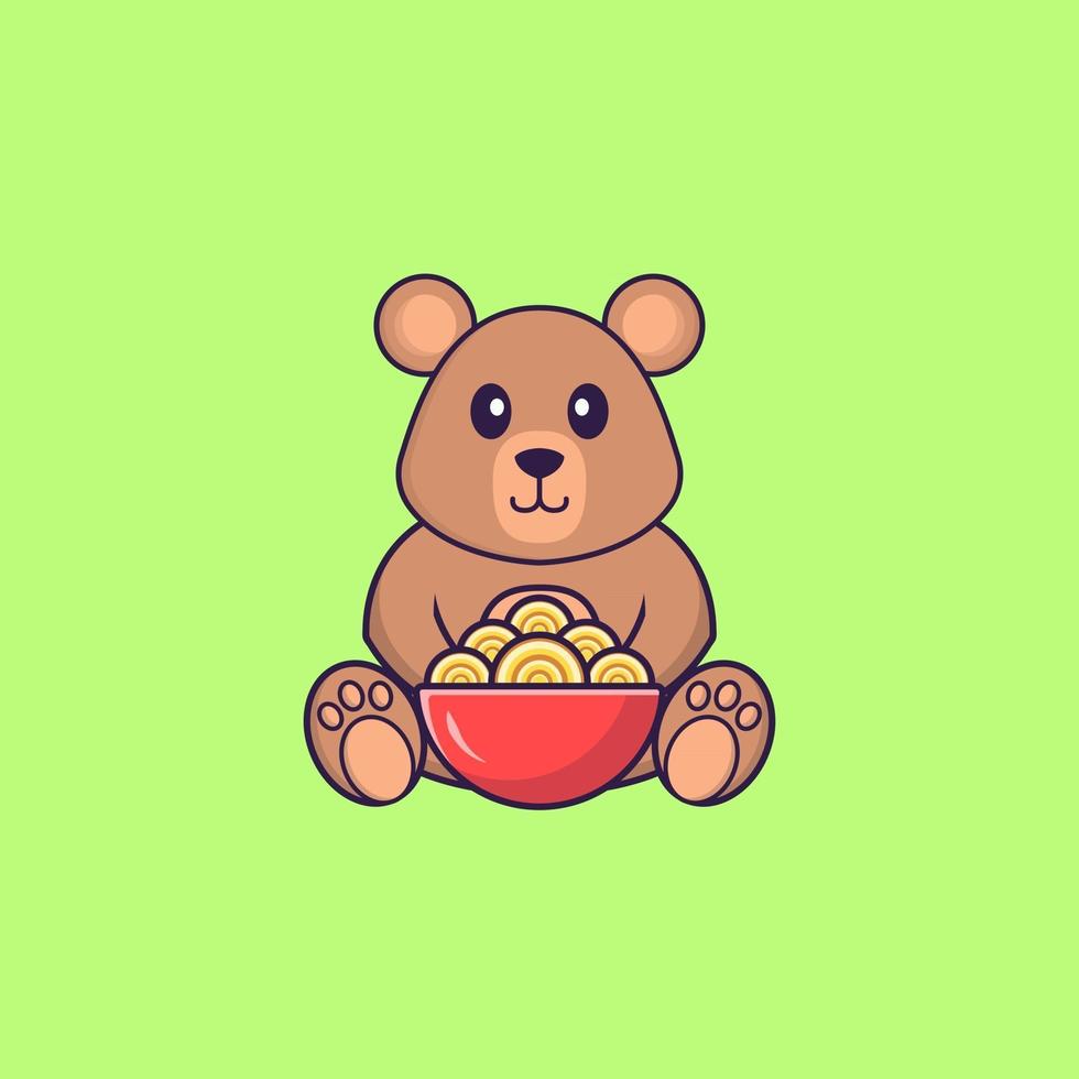 rat mignon mangeant des nouilles ramen. concept de dessin animé animal isolé. peut être utilisé pour un t-shirt, une carte de voeux, une carte d'invitation ou une mascotte. style cartoon plat vecteur