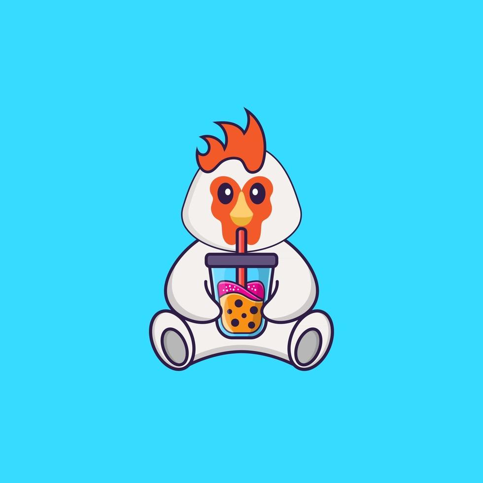 poulet mignon buvant du thé au lait boba. concept de dessin animé animal isolé. peut être utilisé pour un t-shirt, une carte de voeux, une carte d'invitation ou une mascotte. style cartoon plat vecteur