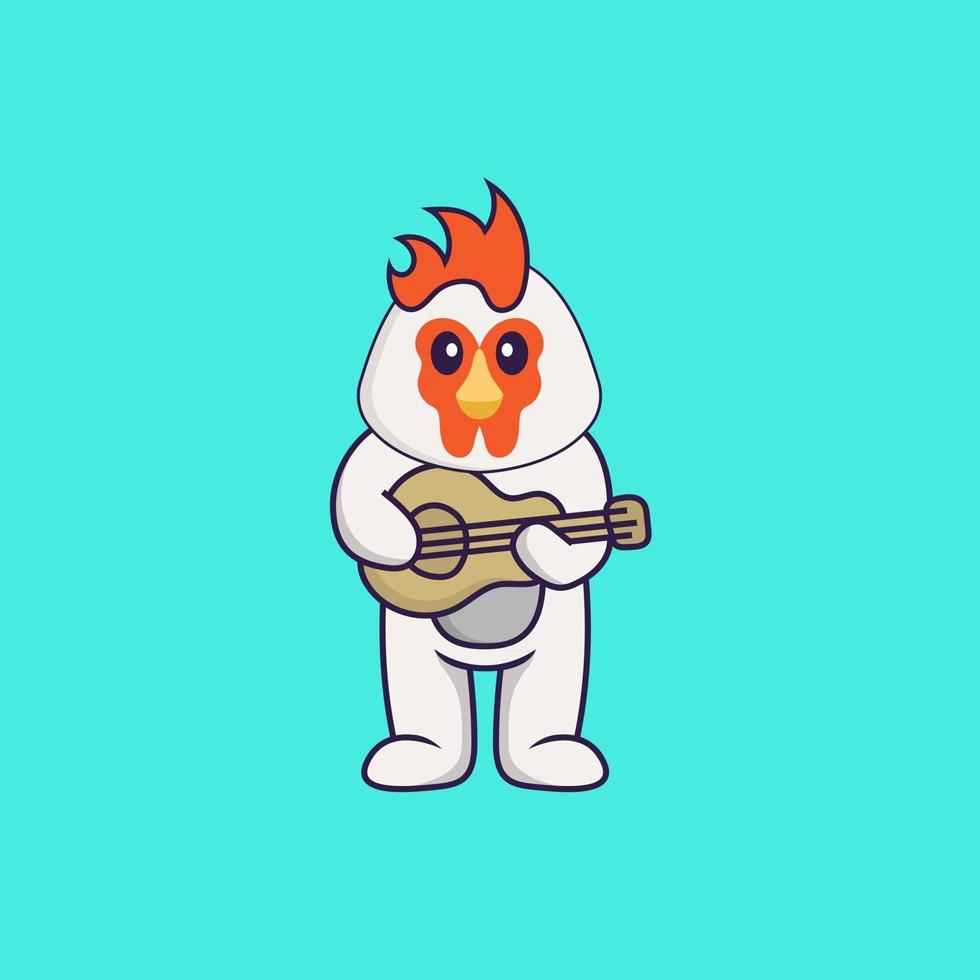 poulet mignon jouant de la guitare. concept de dessin animé animal isolé. peut être utilisé pour un t-shirt, une carte de voeux, une carte d'invitation ou une mascotte. style cartoon plat vecteur