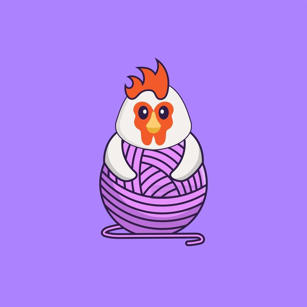 poulet mignon jouant avec du fil de laine. concept de dessin animé animal isolé. peut être utilisé pour un t-shirt, une carte de voeux, une carte d'invitation ou une mascotte. style cartoon plat vecteur