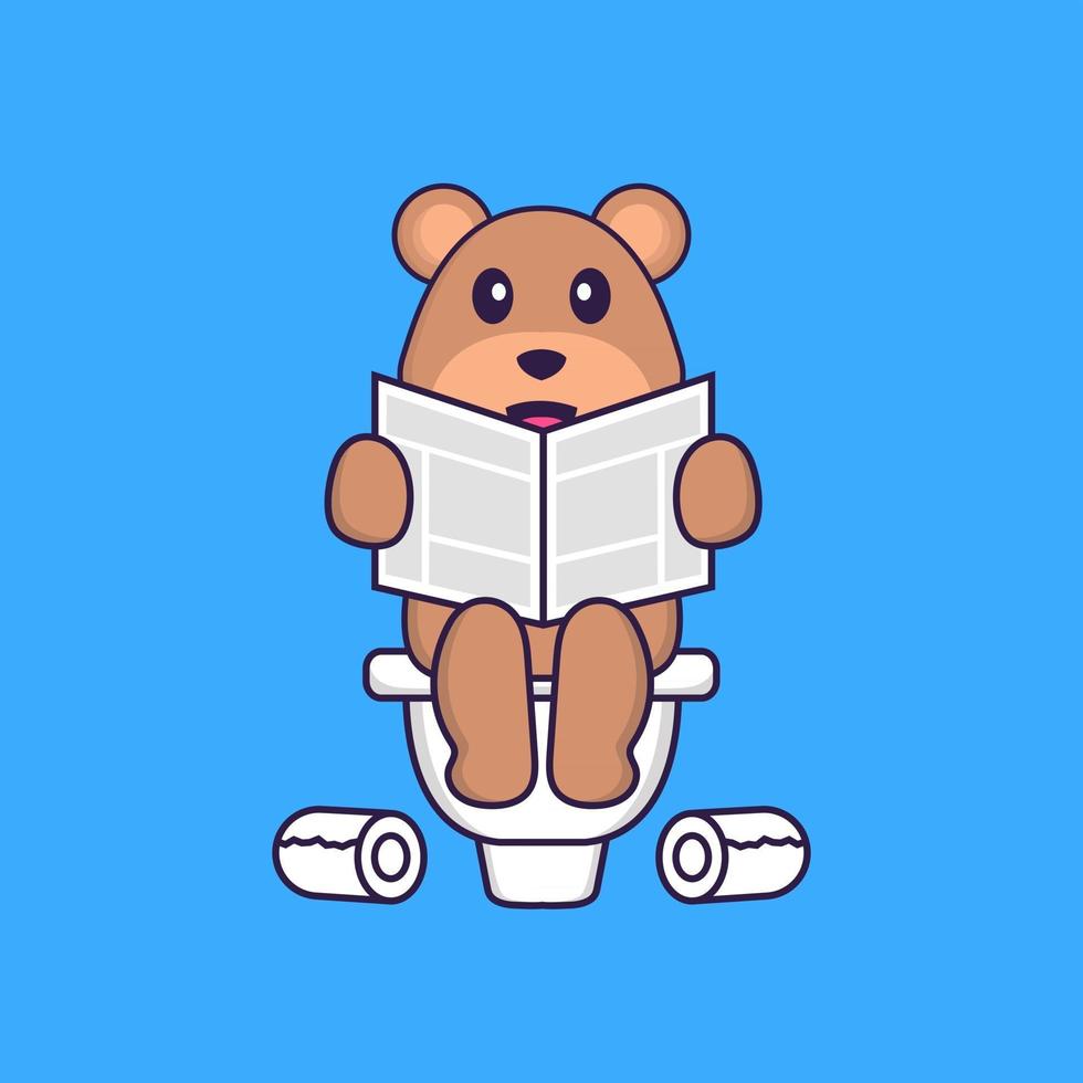 ours mignon qui fait caca sur les toilettes et lit le journal. concept de dessin animé animal isolé. peut être utilisé pour un t-shirt, une carte de voeux, une carte d'invitation ou une mascotte. style cartoon plat vecteur