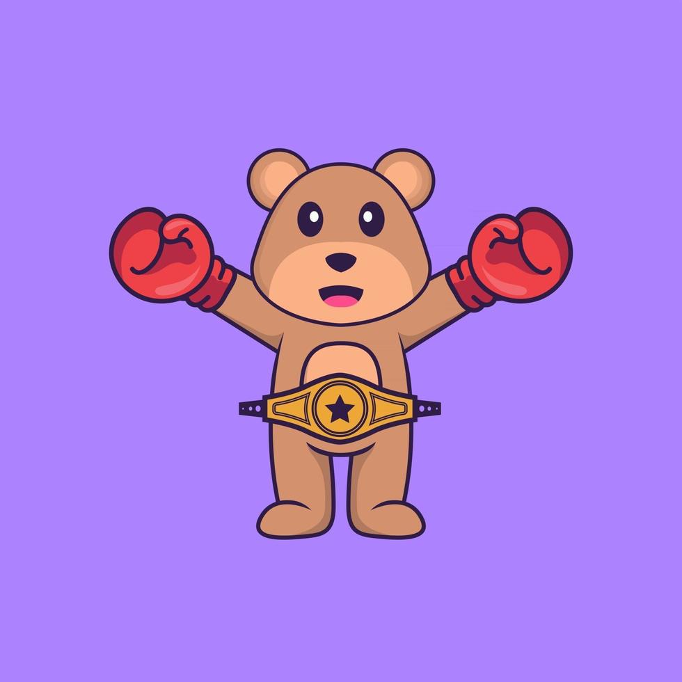 ours mignon en costume de boxeur avec ceinture de champion. concept de dessin animé animal isolé. peut être utilisé pour un t-shirt, une carte de voeux, une carte d'invitation ou une mascotte. style cartoon plat vecteur