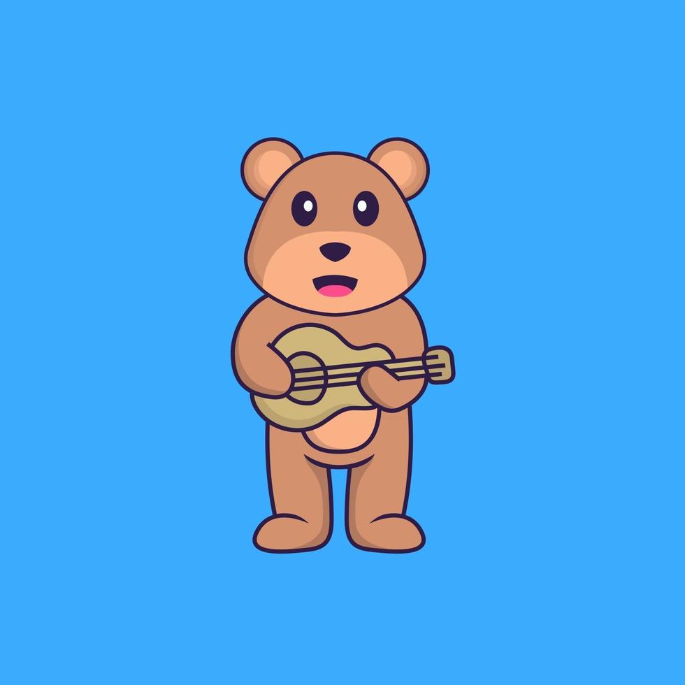 ours mignon jouant de la guitare. concept de dessin animé animal isolé. peut être utilisé pour un t-shirt, une carte de voeux, une carte d'invitation ou une mascotte. style cartoon plat vecteur