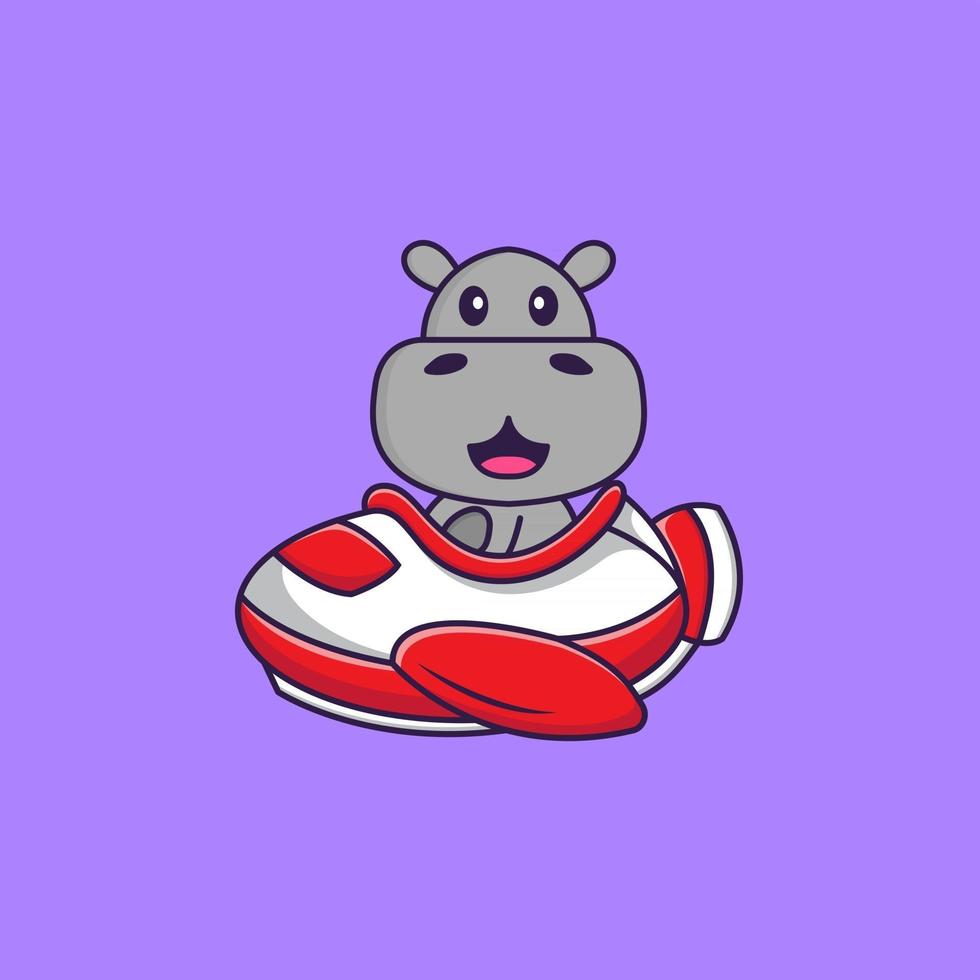 hippopotame mignon volant dans un avion. concept de dessin animé animal isolé. peut être utilisé pour un t-shirt, une carte de voeux, une carte d'invitation ou une mascotte. style cartoon plat vecteur
