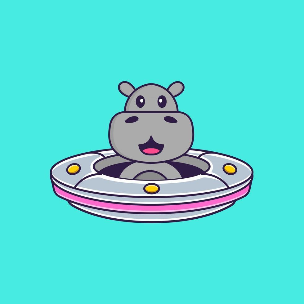hippopotame mignon conduisant un vaisseau spatial ovni. concept de dessin animé animal isolé. peut être utilisé pour un t-shirt, une carte de voeux, une carte d'invitation ou une mascotte. style cartoon plat vecteur