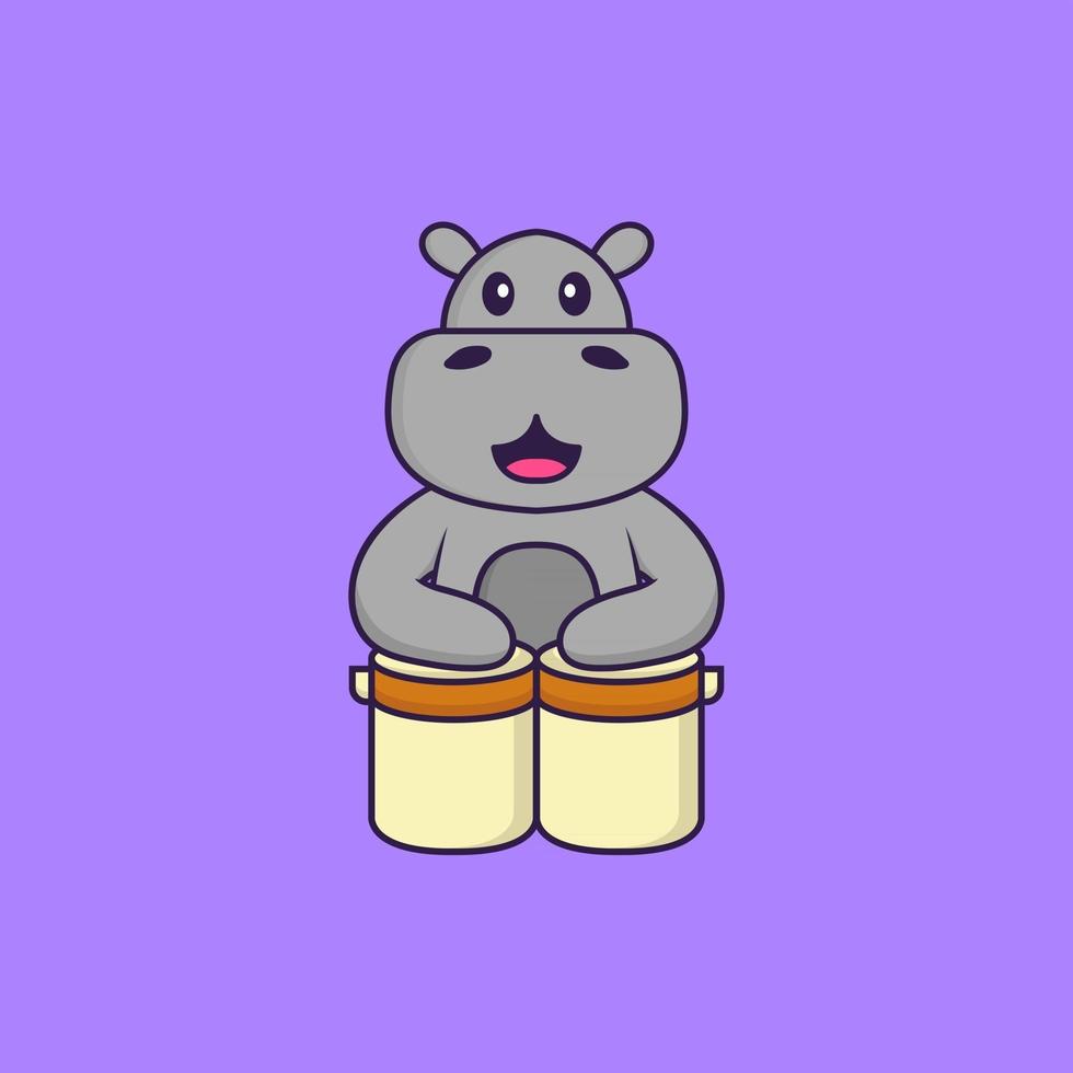hippopotame mignon joue de la batterie. concept de dessin animé animal isolé. peut être utilisé pour un t-shirt, une carte de voeux, une carte d'invitation ou une mascotte. style cartoon plat vecteur