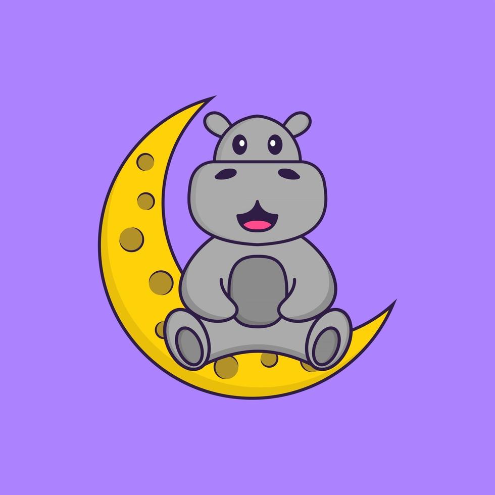 hippopotame mignon est assis sur la lune. concept de dessin animé animal isolé. peut être utilisé pour un t-shirt, une carte de voeux, une carte d'invitation ou une mascotte. style cartoon plat vecteur