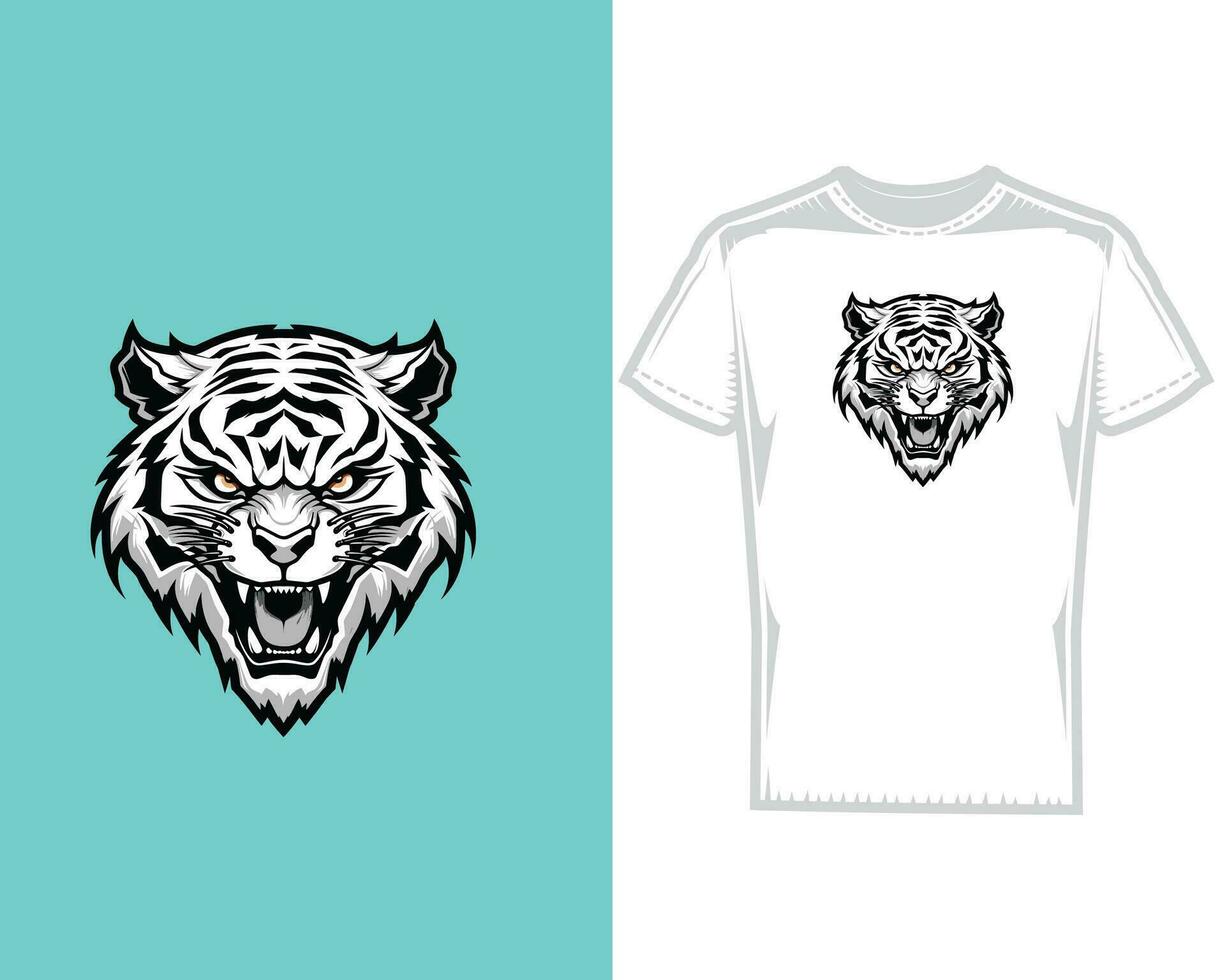 turquoise et blanc tigre tête T-shirt conception vecteur