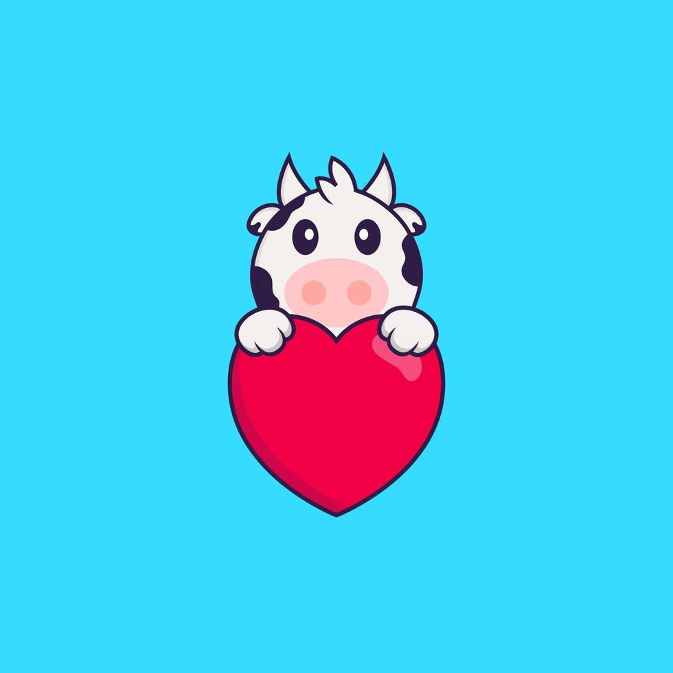 vache mignonne tenant un gros coeur rouge. concept de dessin animé animal isolé. peut être utilisé pour un t-shirt, une carte de voeux, une carte d'invitation ou une mascotte. style cartoon plat vecteur