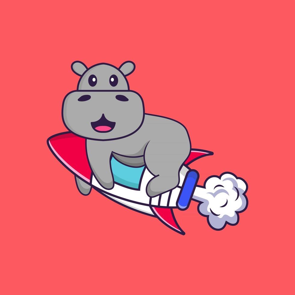 hippopotame mignon volant sur fusée. concept de dessin animé animal isolé. peut être utilisé pour un t-shirt, une carte de voeux, une carte d'invitation ou une mascotte. style cartoon plat vecteur
